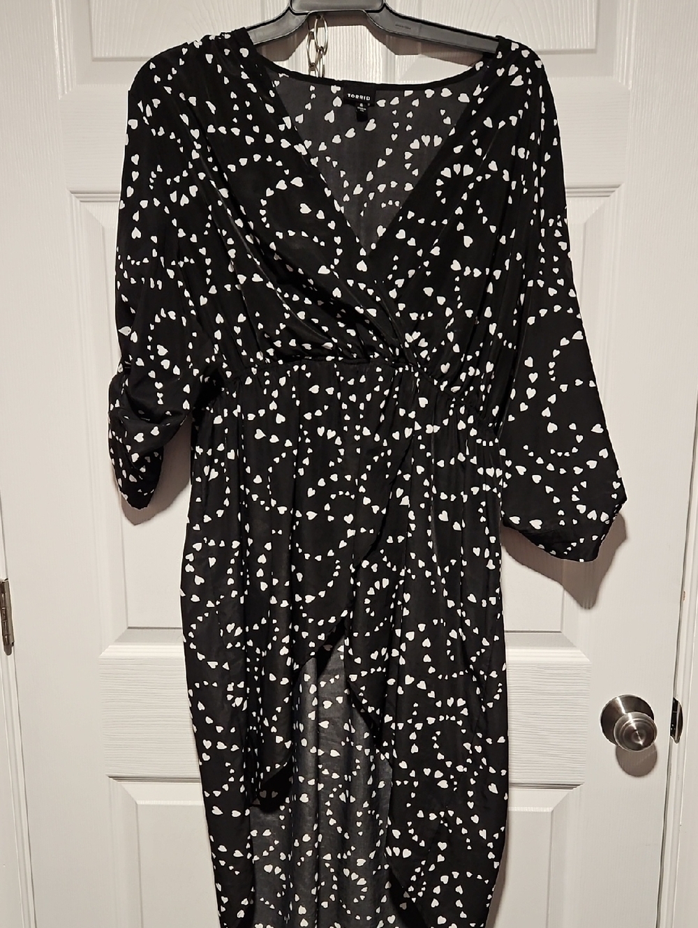 Torrid Black and White Heart Print Faux Wrap Blouse